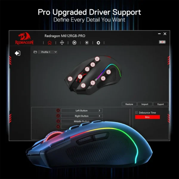 Redragon M612 PRO BT & 2.4RGB Gaming Mouse, 8000 DPI Wired/Wireless Optical Gamer Mice 11 Programmable Buttons & 6 Backlit Modes - Image 5