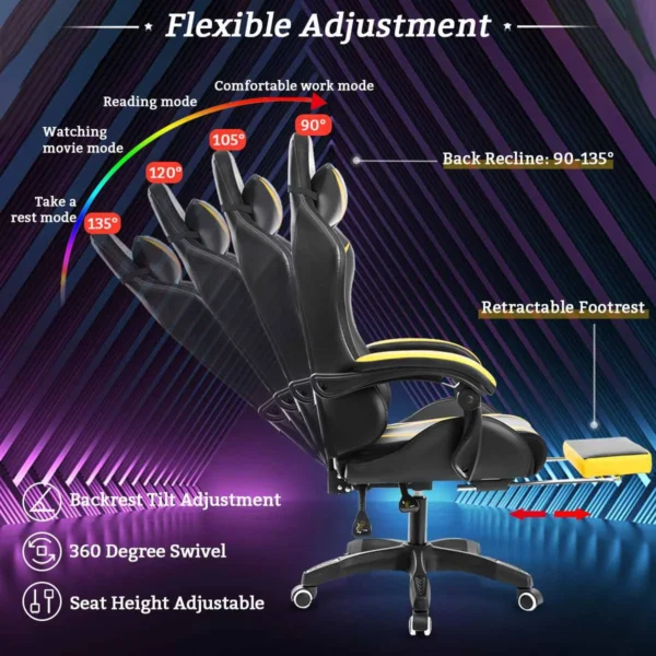 RGB Light Gaming Chair – Ergonomic Office Chair with 2-Point Massage, 135° Reclining, and Footrest for Gamers - Image 4