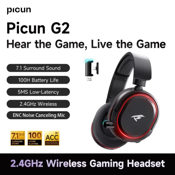 Picun G2 2.4G Wireless Gaming Headset – Bluetooth Headphones with 5ms Low Latency, 7.1 Surround Sound