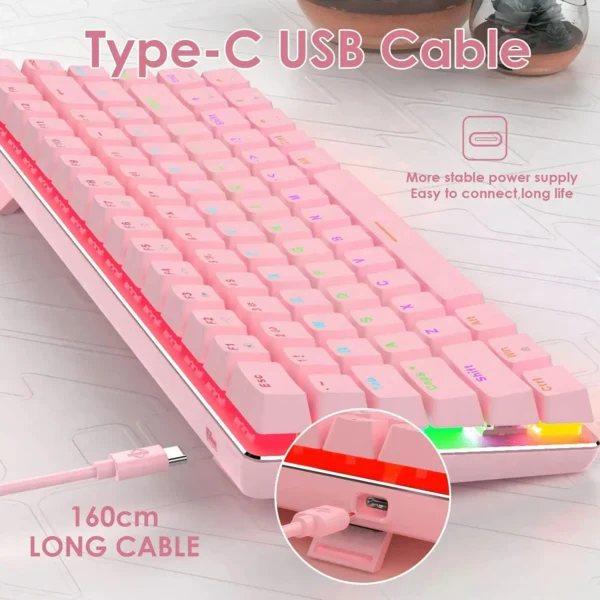 MAMBASNAKE x AJAZZ AK33 Pink Gaming Mechanical Keyboard – Rainbow Backlit, 82 Keys, Illuminated Type-C Wired Keyboard - Image 5