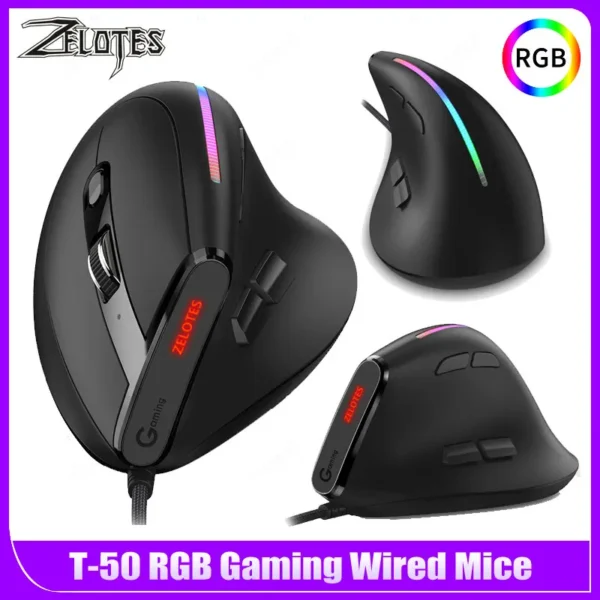 ZELOTES T-50 Vertical RGB Gaming Mouse – 9 Buttons, 12800 DPI Adjustable