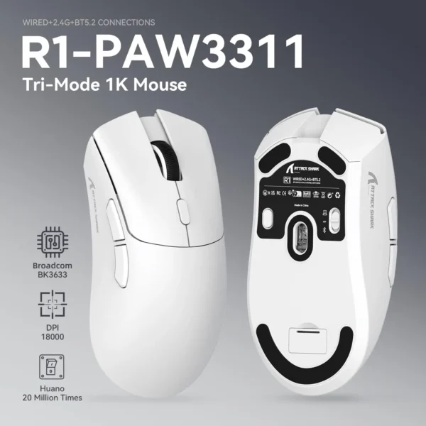 R1 Wireless Gaming Mouse,Tri-Mode Connection (2.4G/Wired/BT5.2),55g Lightweight Design,18K DPI Optical Sensor,HUYU 20 Million Ke