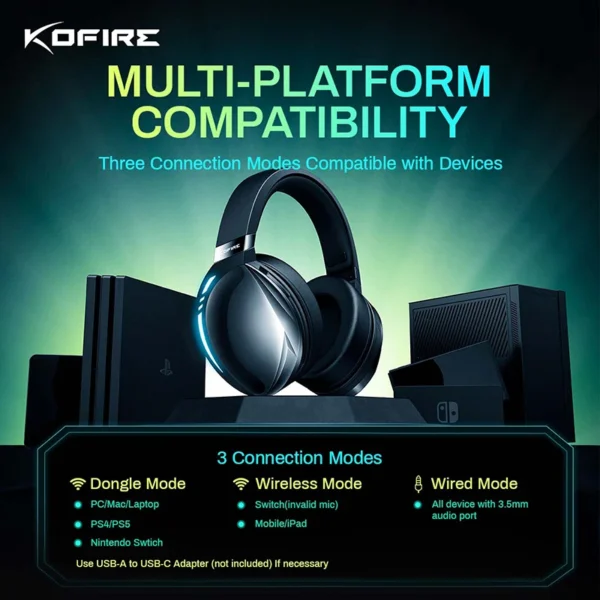 Kofire UG-06 Wireless Gaming Headset 2.4G 25ms Low Latency Bluetooth Headphones ENC Mic RGB Light 65H Wired Gamer PC PS5 Switch - Image 6