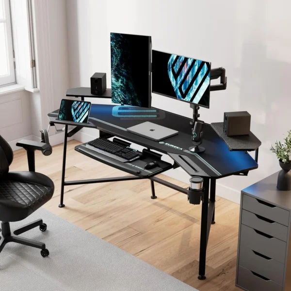 EUREKA ERGONOMIC Gaming Desk – 72" Large Wing-Shaped Studio Desk with LED Lights, Keyboard Tray, and Monitor Stand - Image 4