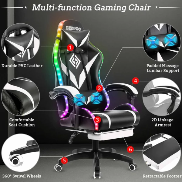 135° Gaming Chair with RGB Lights – Ergonomic Office Chair with Bluetooth Speaker - Image 5