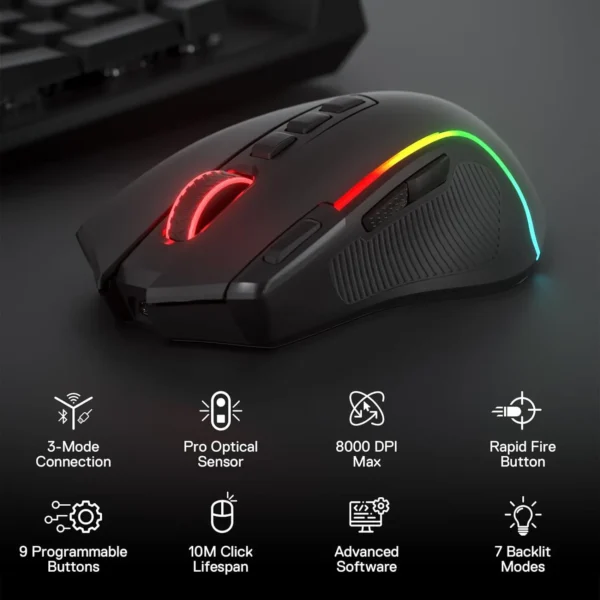 Redragon M612 PRO BT & 2.4RGB Gaming Mouse, 8000 DPI Wired/Wireless Optical Gamer Mice 11 Programmable Buttons & 6 Backlit Modes - Image 6