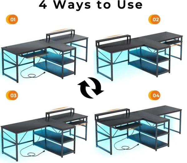 SEDETA 94.5" Office Computer Desk – 2-Person Gaming Desk with Storage, LED Lights, Keyboard Tray, and Power Strip with USB - Image 5