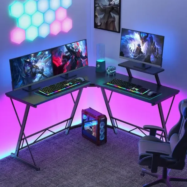 L-Shaped Gaming Desk – Computer Corner Desk with Large Monitor Riser Stand for Home Office - Image 2