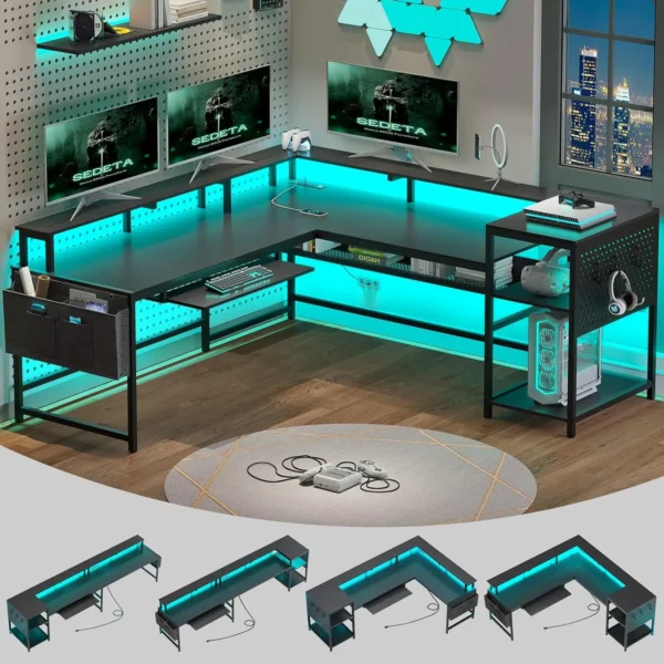 Shaped Gaming Desk – Reversible Computer Desk with Power Outlets, LED Strip, Monitor Shelf, and Keyboard Tray