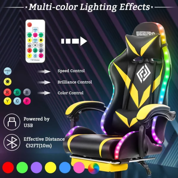 RGB Light Gaming Chair – Ergonomic Office Chair with 2-Point Massage, 135° Reclining, and Footrest for Gamers - Image 3