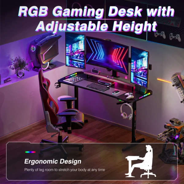 Height Adjustable Gaming Desk – Standing Desk with RGB LED Lights for Gaming - Image 2