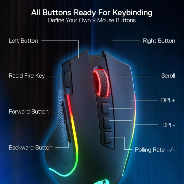 Redragon M612 PRO BT & 2.4RGB Gaming Mouse, 8000 DPI Wired/Wireless Optical Gamer Mice 11 Programmable Buttons & 6 Backlit Modes - Image 4