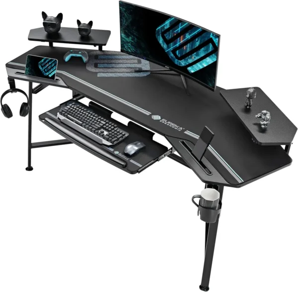 EUREKA ERGONOMIC Gaming Desk – 72" Large Wing-Shaped Studio Desk with LED Lights, Keyboard Tray, and Monitor Stand