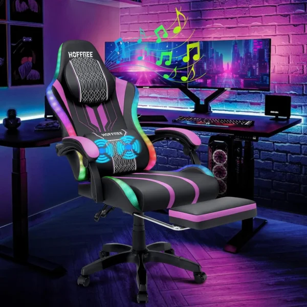 HOFFREE LED Gaming Chair Massage with Speakers Game Chair Big and Tall with Footrest Gamer  for 400lbs Computer Desk