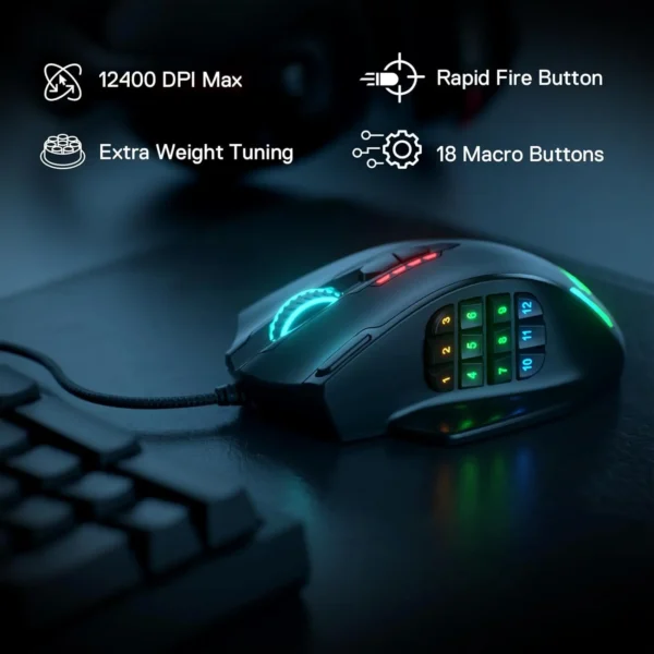 Redragon M908 RGB Backlight LED USB Wired Gaming Mouse 18 Programmable Mouse Buttons 12400 DPI - Image 6