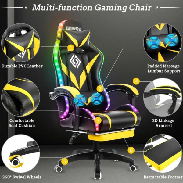 RGB Light Gaming Chair – Ergonomic Office Chair with 2-Point Massage, 135° Reclining, and Footrest for Gamers - Image 2