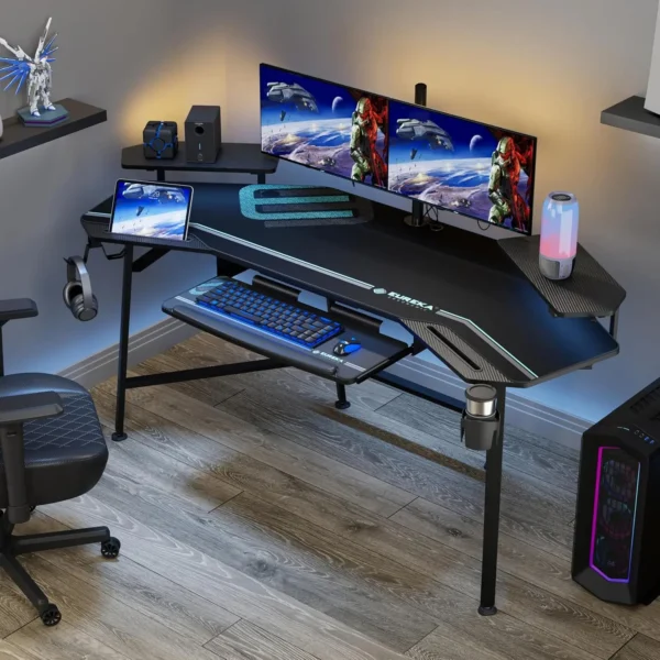 EUREKA ERGONOMIC Gaming Desk – 72" Large Wing-Shaped Studio Desk with LED Lights, Keyboard Tray, and Monitor Stand - Image 2