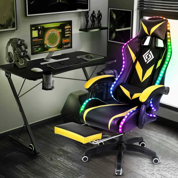 RGB Light Gaming Chair – Ergonomic Office Chair with 2-Point Massage, 135° Reclining, and Footrest for Gamers