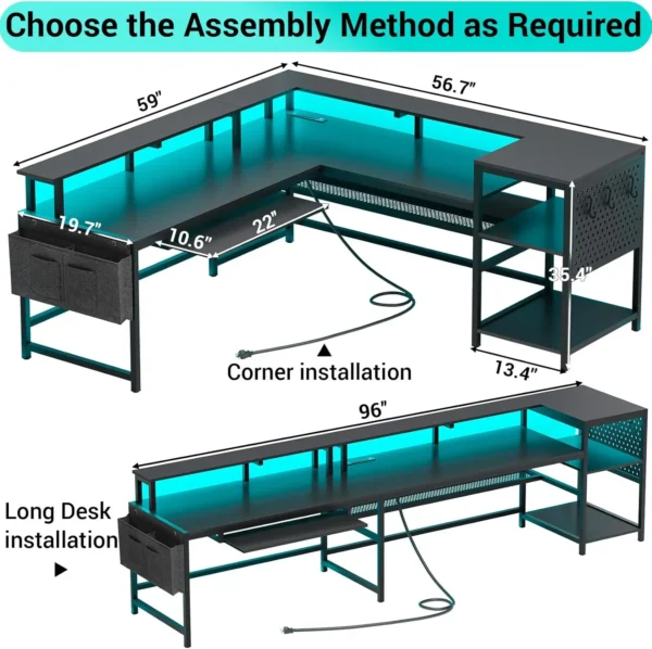 Shaped Gaming Desk – Reversible Computer Desk with Power Outlets, LED Strip, Monitor Shelf, and Keyboard Tray - Image 3