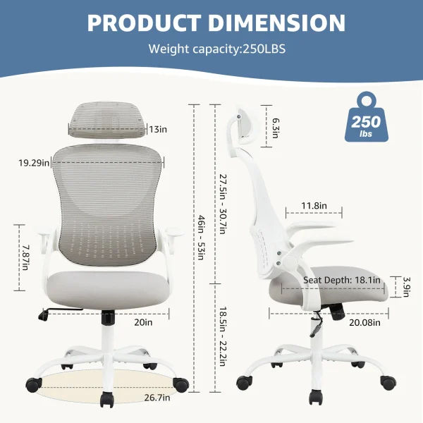 JHK Mesh Ergonomic Office Computer Desk Chair Flip-up Arms Adjustable Headrests Comfortable Lumbar Support For Home Office - Image 3