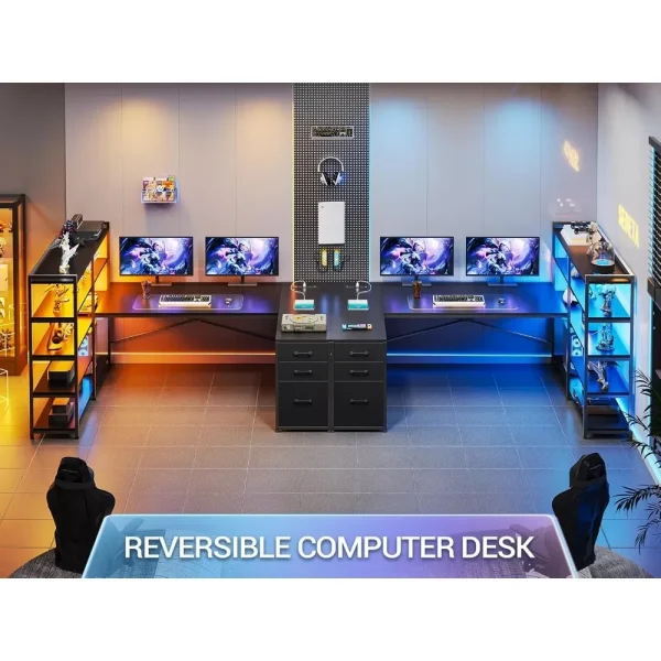 L Shaped Gaming Desk, Reversible U Shaped Computer Desk with Power Outlet and Storage Shelves, Corner Gaming Desk - Image 2