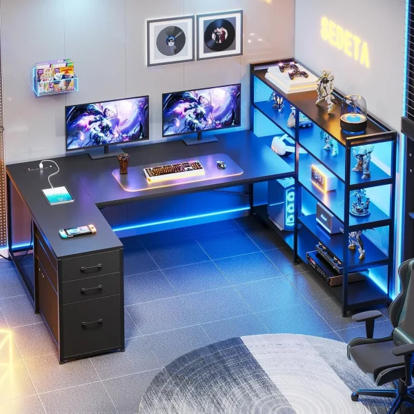 L Shaped Gaming Desk, Reversible U Shaped Computer Desk with Power Outlet and Storage Shelves, Corner Gaming Desk - Image 9