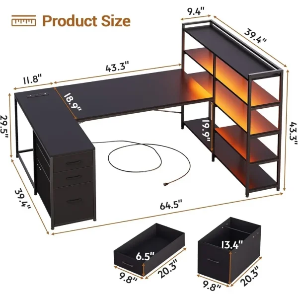 L Shaped Gaming Desk, Reversible U Shaped Computer Desk with Power Outlet and Storage Shelves, Corner Gaming Desk - Image 3